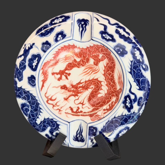 Jingdezhen-Style Porcelain Cigar Ashtray, Red Dragon & Blue Cloud Pattern