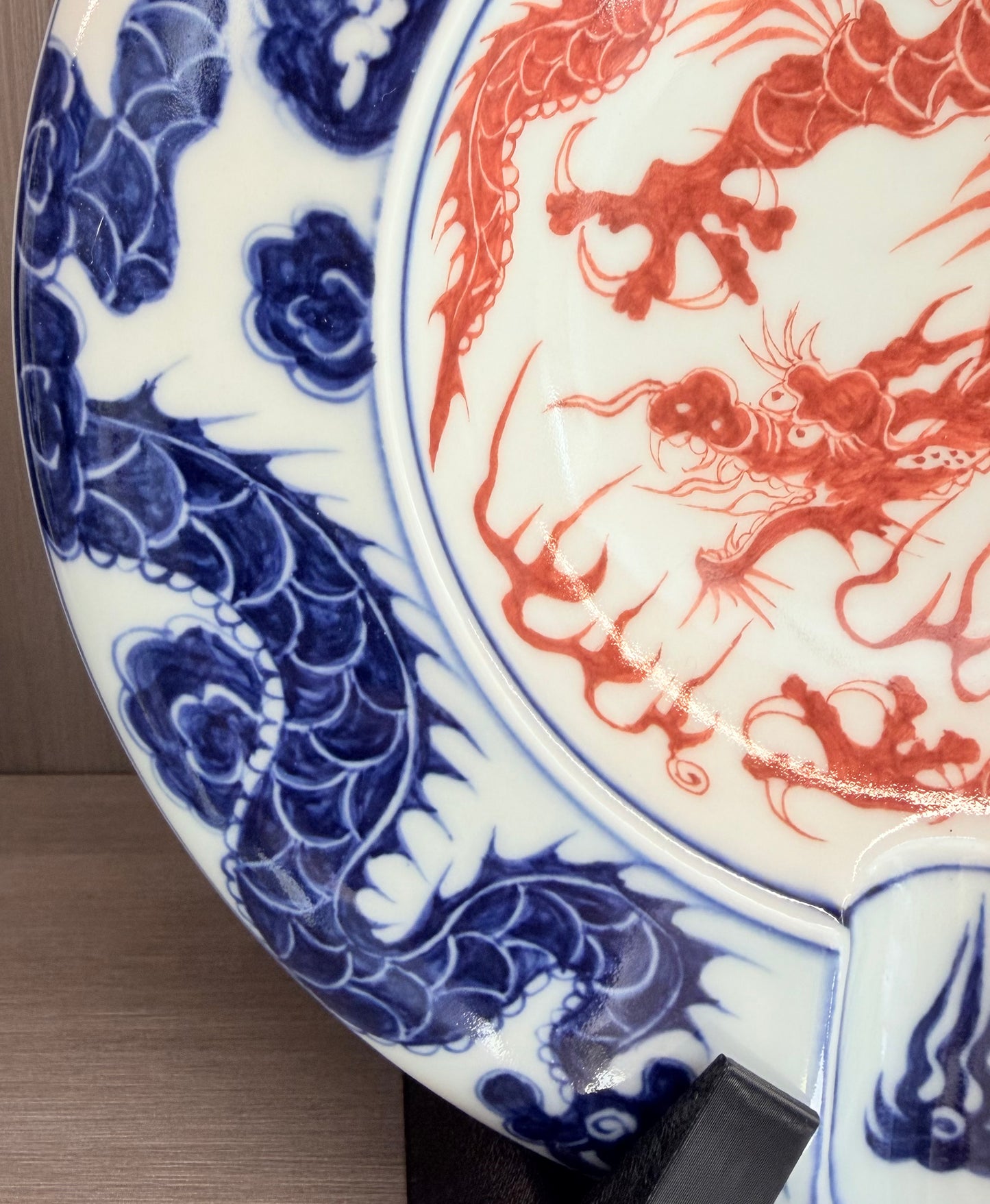 Jingdezhen-Style Porcelain Cigar Ashtray, Red Dragon & Blue Cloud Pattern
